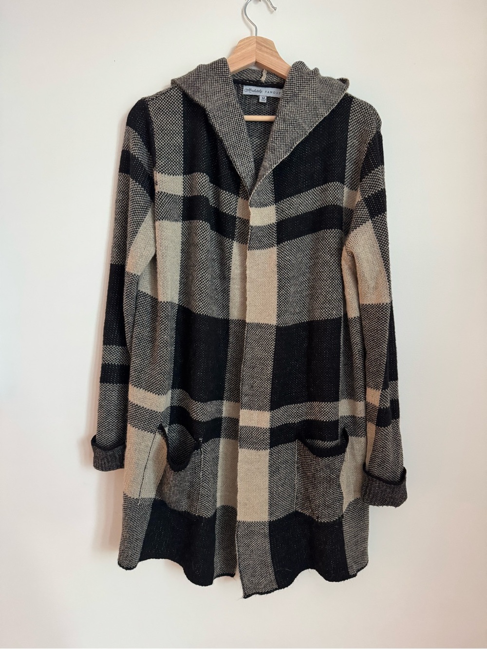 Plaid Hooded Open Cardigan Sweater - Black & Tan